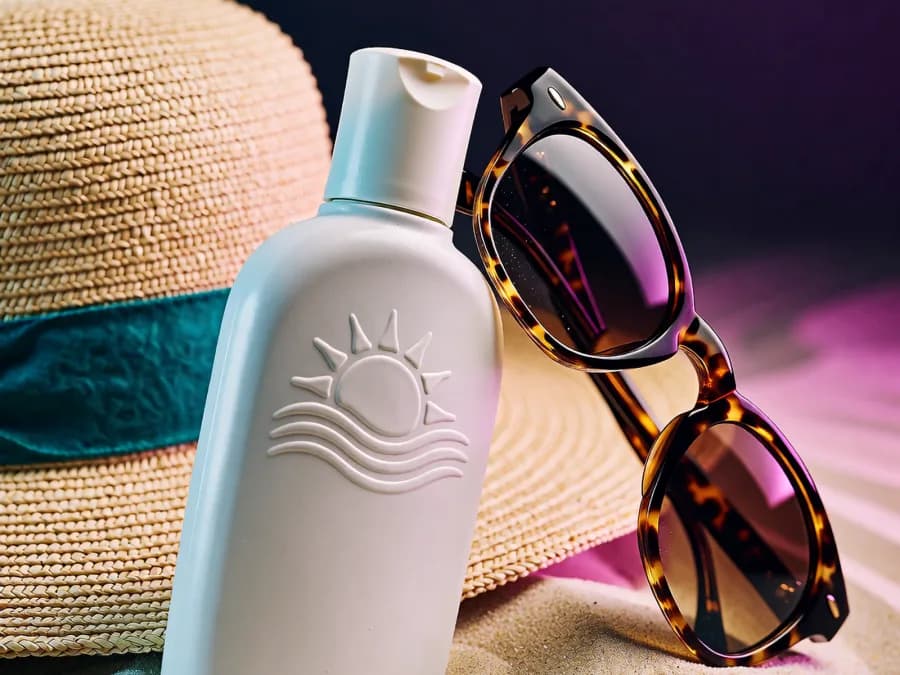 AI-generated product still life: sunscreen, sunglasses, and a straw hat on sand against a purple gradient